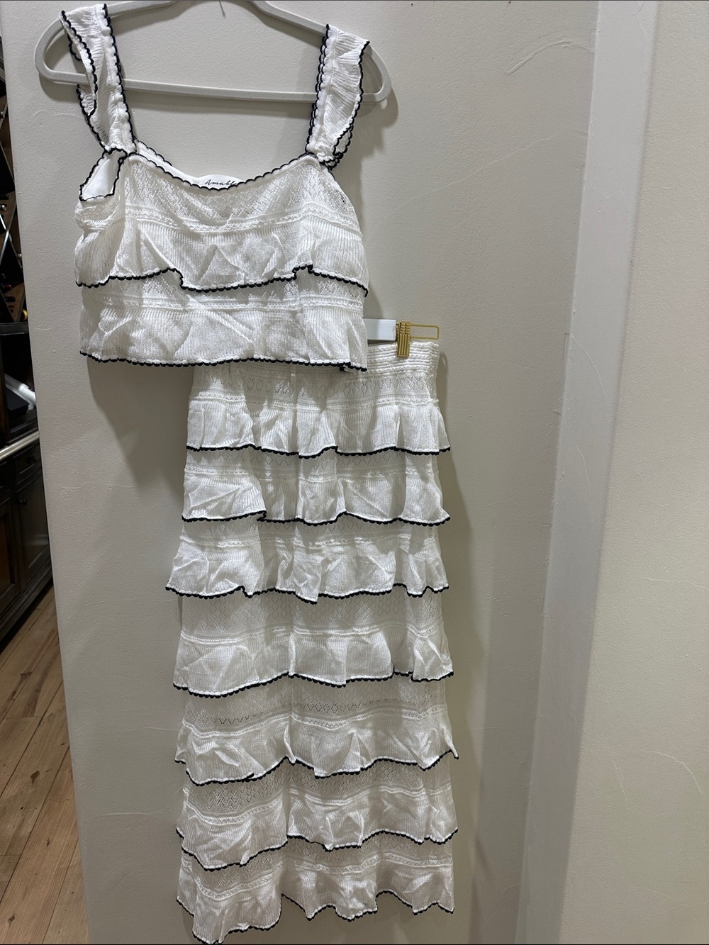 White Ruffled Crop Top & Tiered Skirt with Black Trim